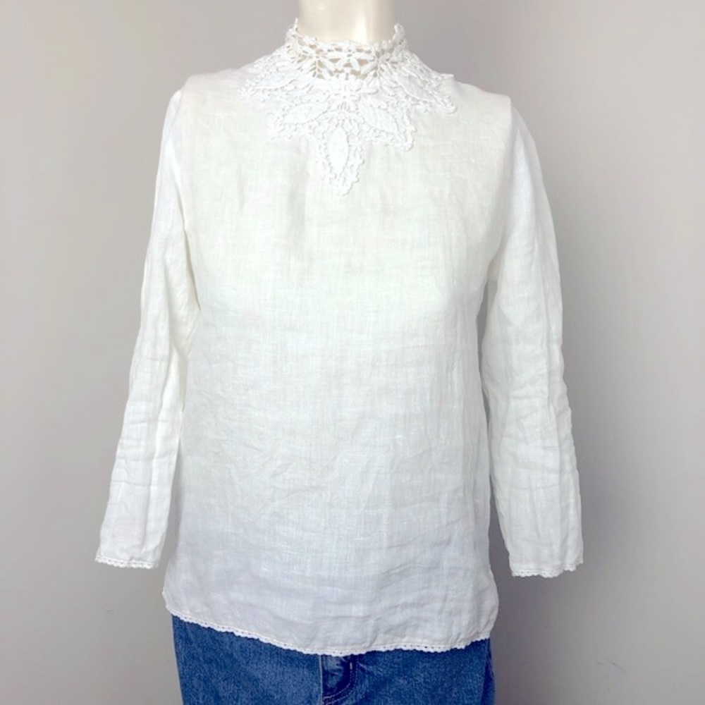 Zara White Linen Long Sleeve Embroidered Blouse Size S